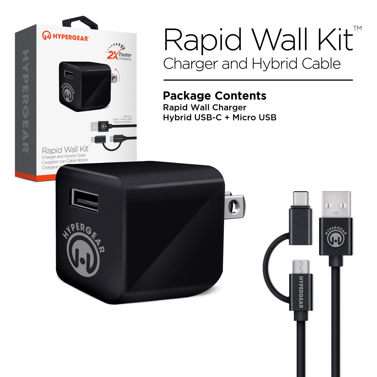 HyperGear 2.4A Wall Charger W/Hybrid USB-C Cable 4FT