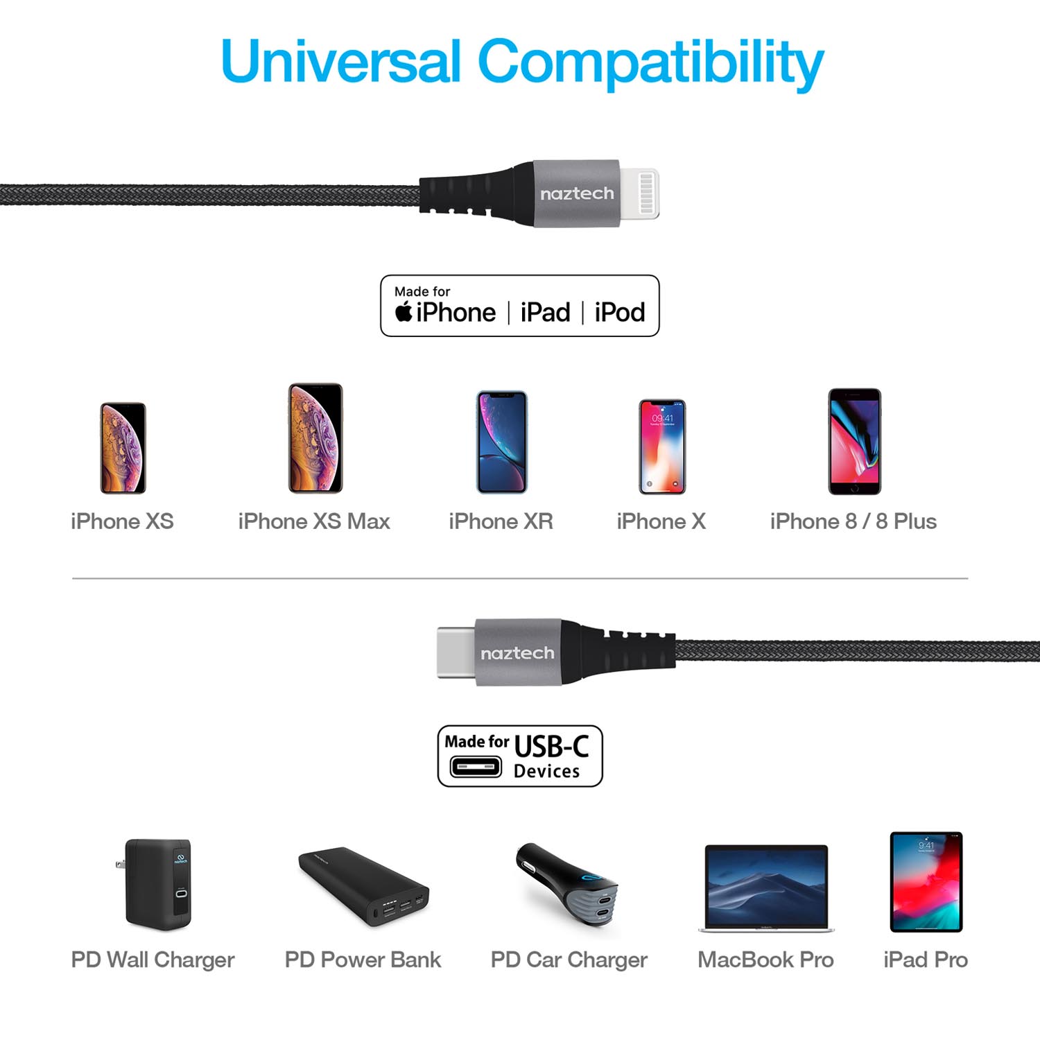 Naztech Braided Fast Charge MFi Lightning to USB-C Cable