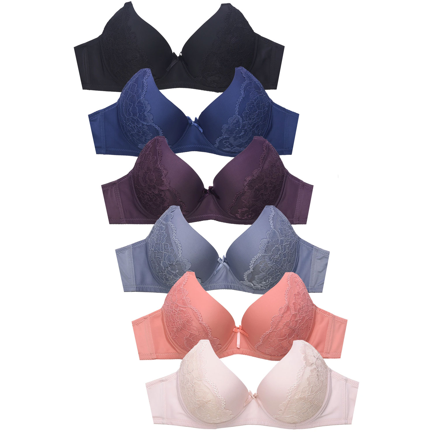 Ladies Full Cup Cotton And Jacquard No Wire Plain Bra Pack Of 6