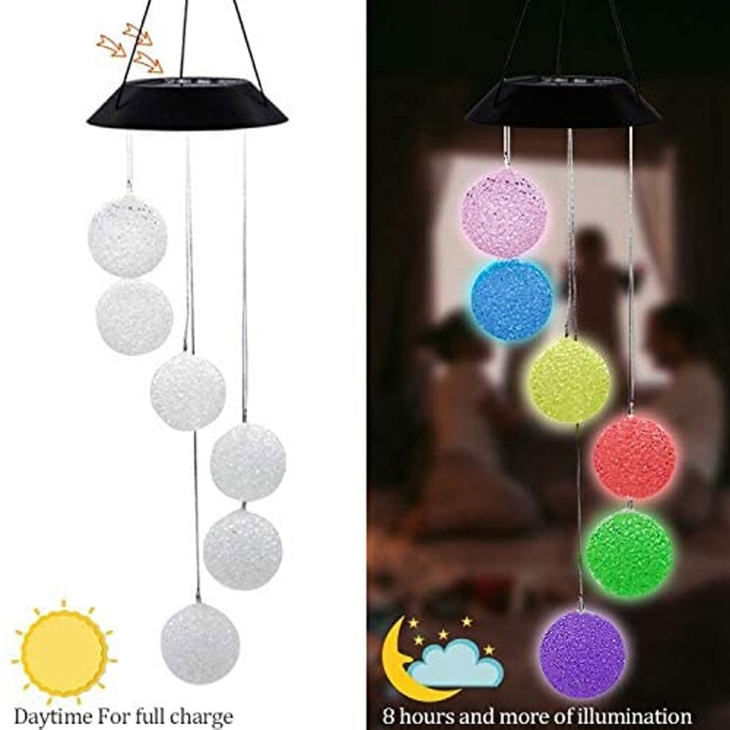 2 Pack Solar Crystal Ball Wind Chime, Color Changing
