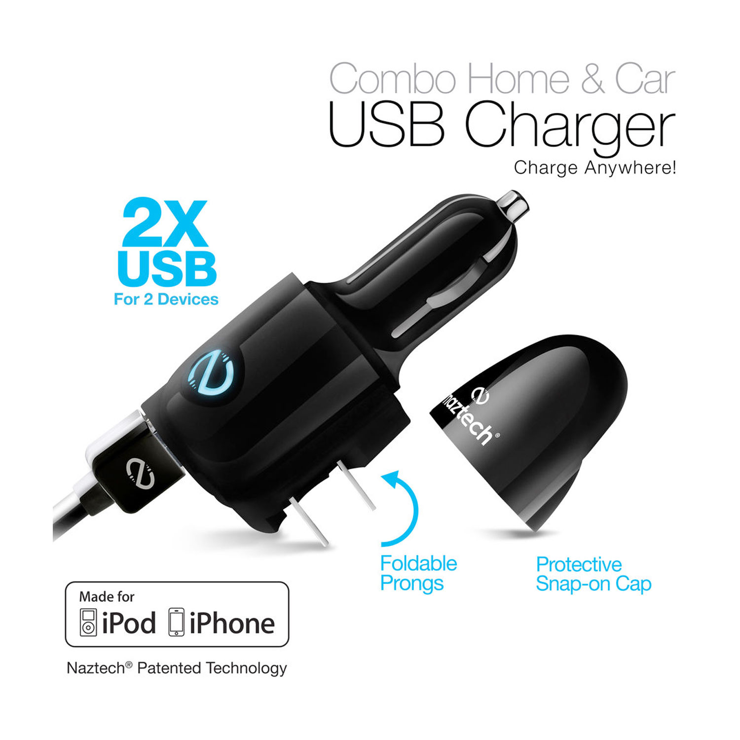 Naztech N321 3-in-1 Dual USB MFI Lightning 2.4A Charger