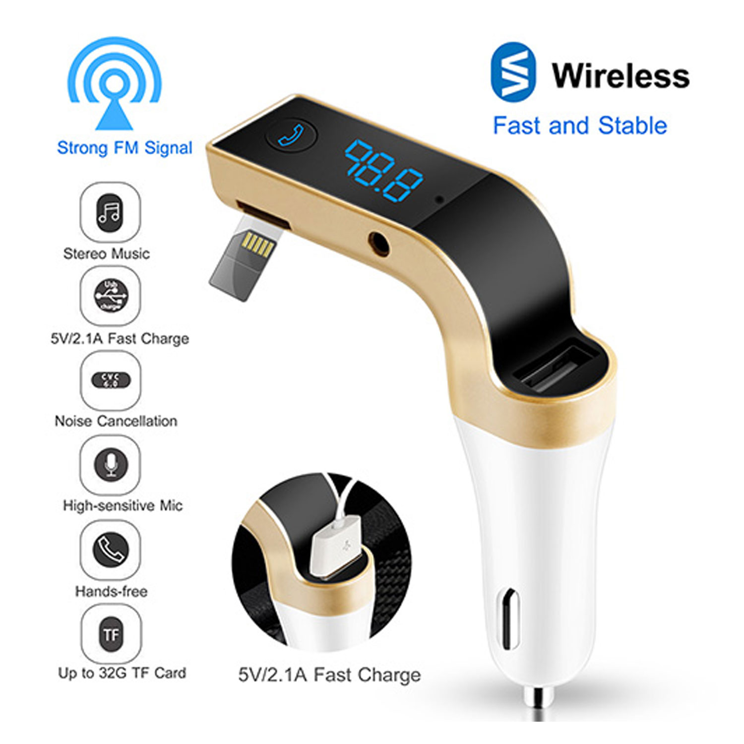 Car Wireless FM Transmitter USB Charger Hands-free Call MP3 Player TF Card Reading Aux-in LCD
