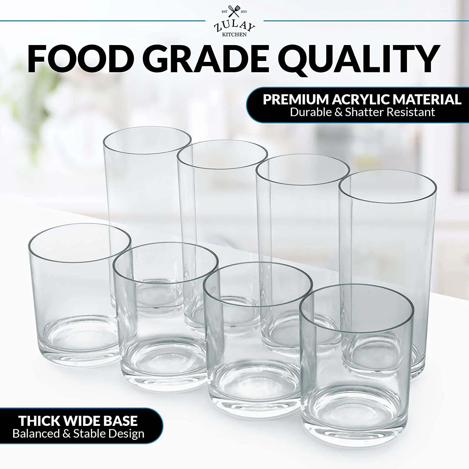 Zulay Plastic Tumblers Drinking Glasses Set of 8 Clear - 4 Each: 12oz and 16oz Acrylic Cups For Kitc