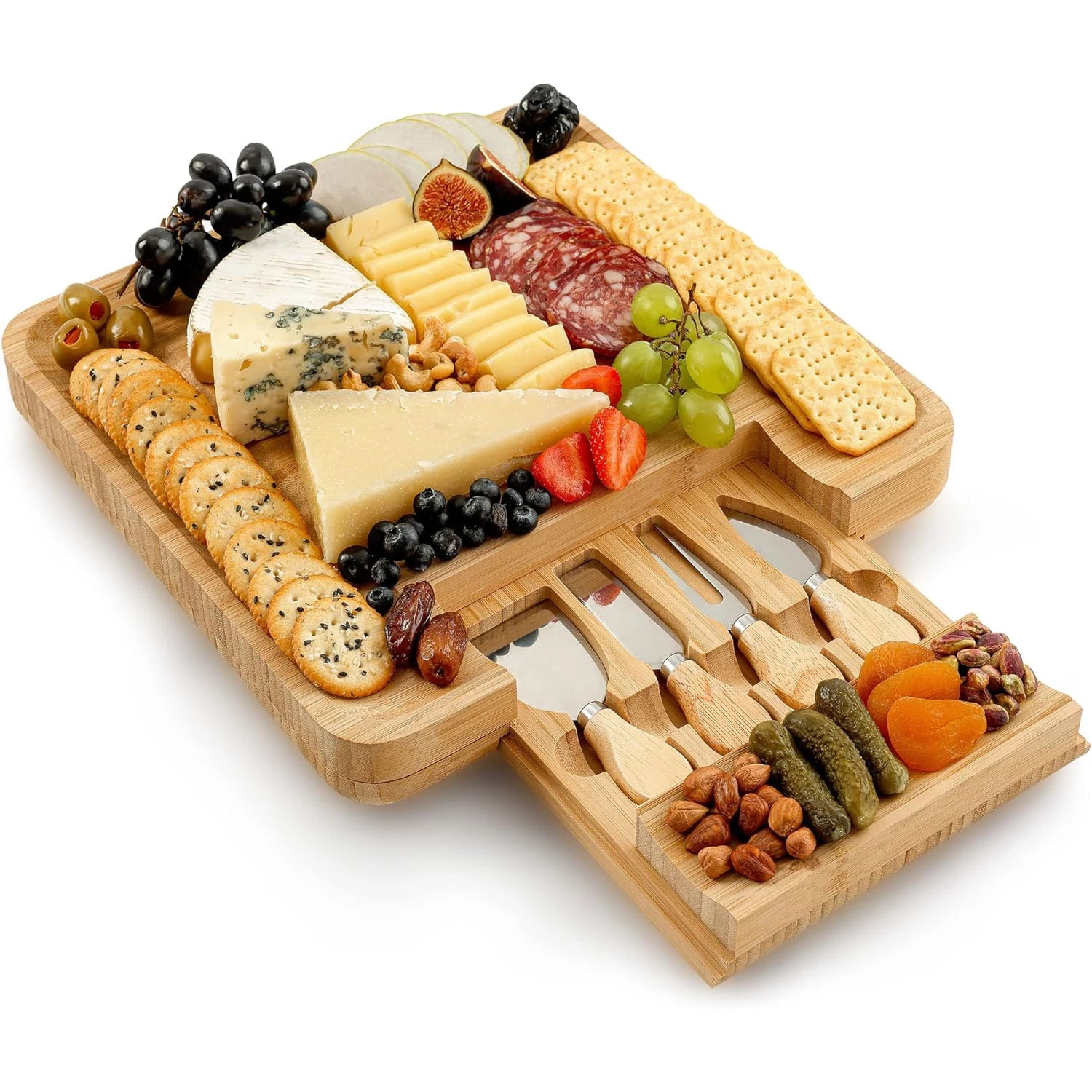 Zk Cheese Board W Cutlery And Drawer OG Light Bamboo