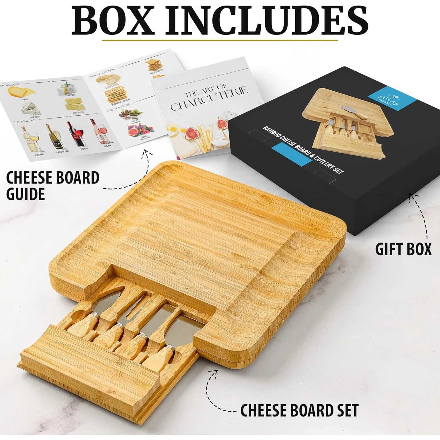 Zk Cheese Board W Cutlery And Drawer OG Light Bamboo