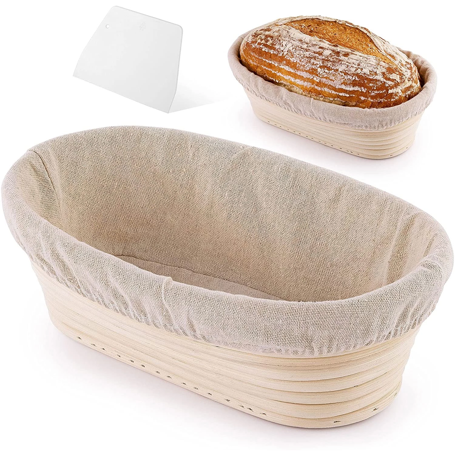 Oval Banneton Basket With Bench Scraper & Linen Cloth