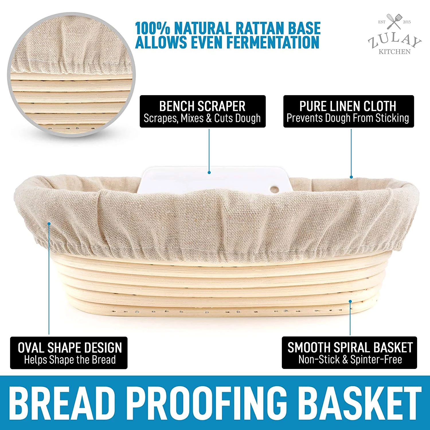 Oval Banneton Basket With Bench Scraper & Linen Cloth