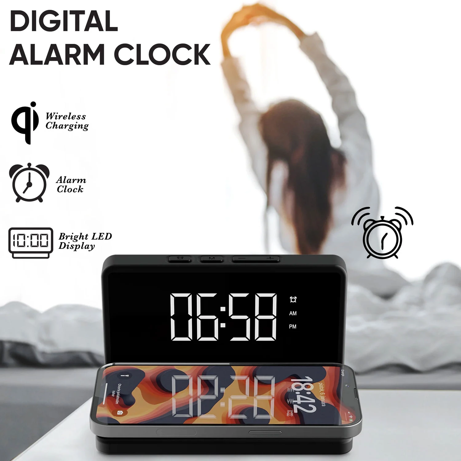 LED Alarm Clock with wireless Charging