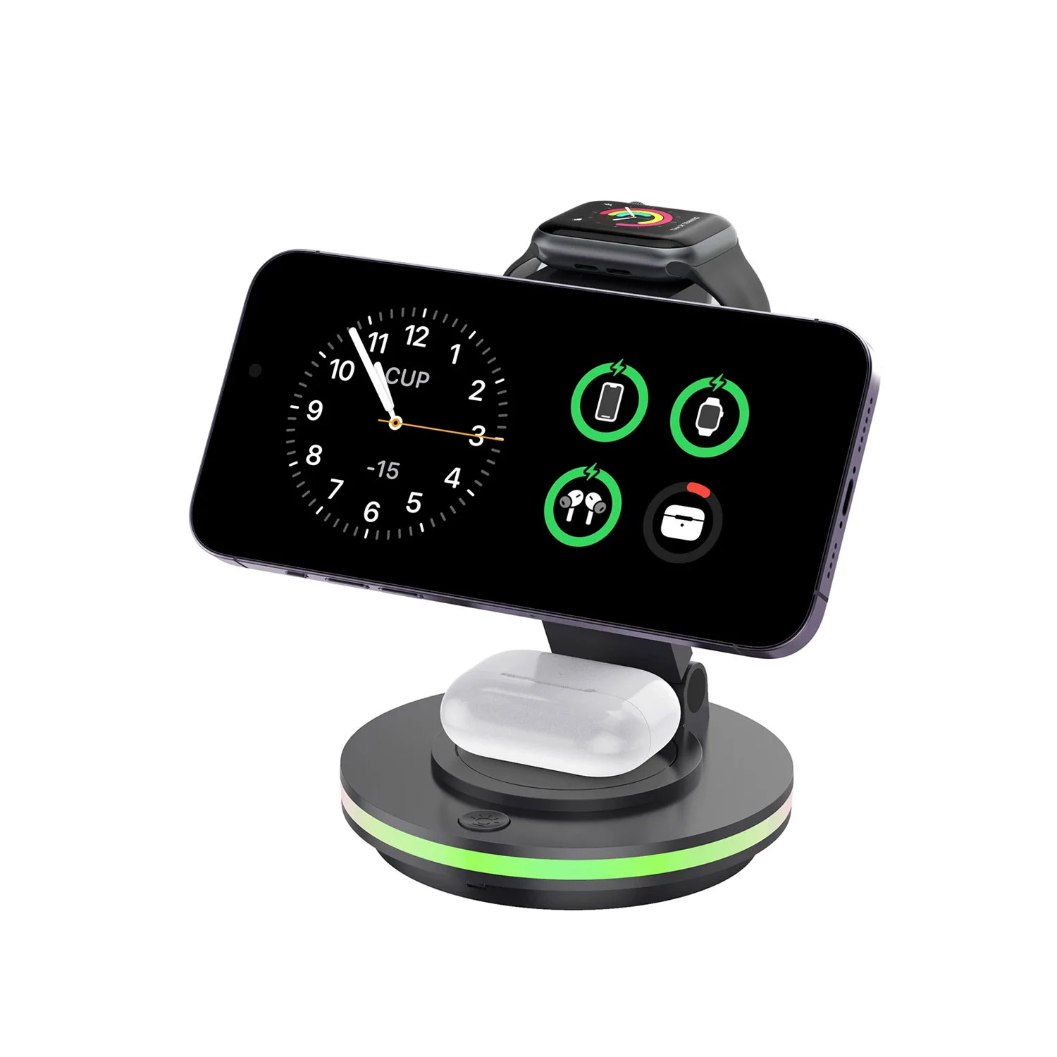 Foldable 4-in-1 Magnetic Wireless Charging Station with 7-Color Night Light for iPhone, Apple Watch 