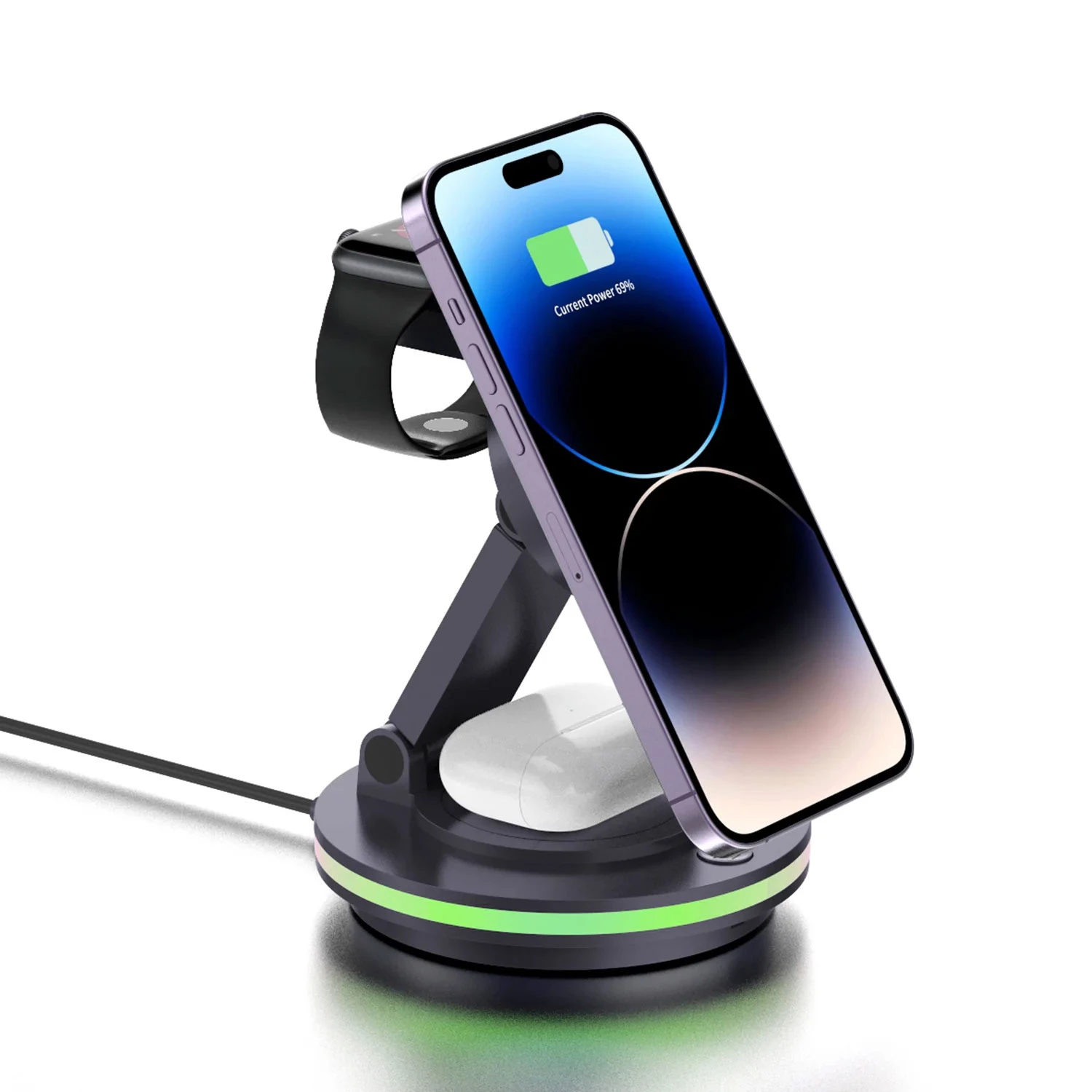 Foldable 4-in-1 Magnetic Wireless Charging Station with 7-Color Night Light for iPhone, Apple Watch 