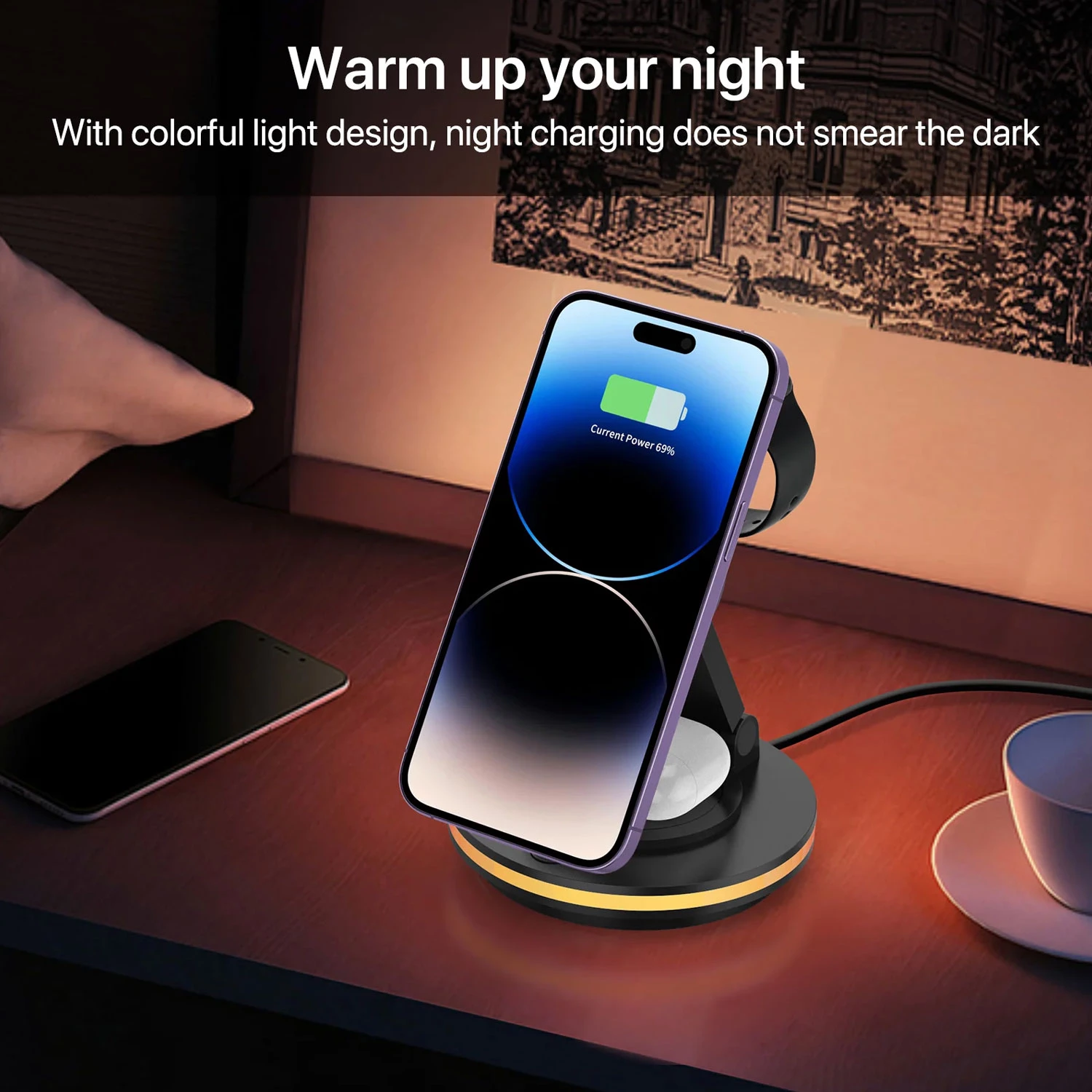 Foldable 4-in-1 Magnetic Wireless Charging Station with 7-Color Night Light for iPhone, Apple Watch 