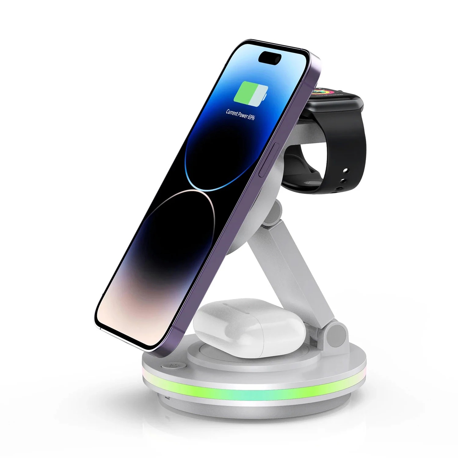 Foldable 4-in-1 Magnetic Wireless Charging Station with 7-Color Night Light for iPhone, Apple Watch 