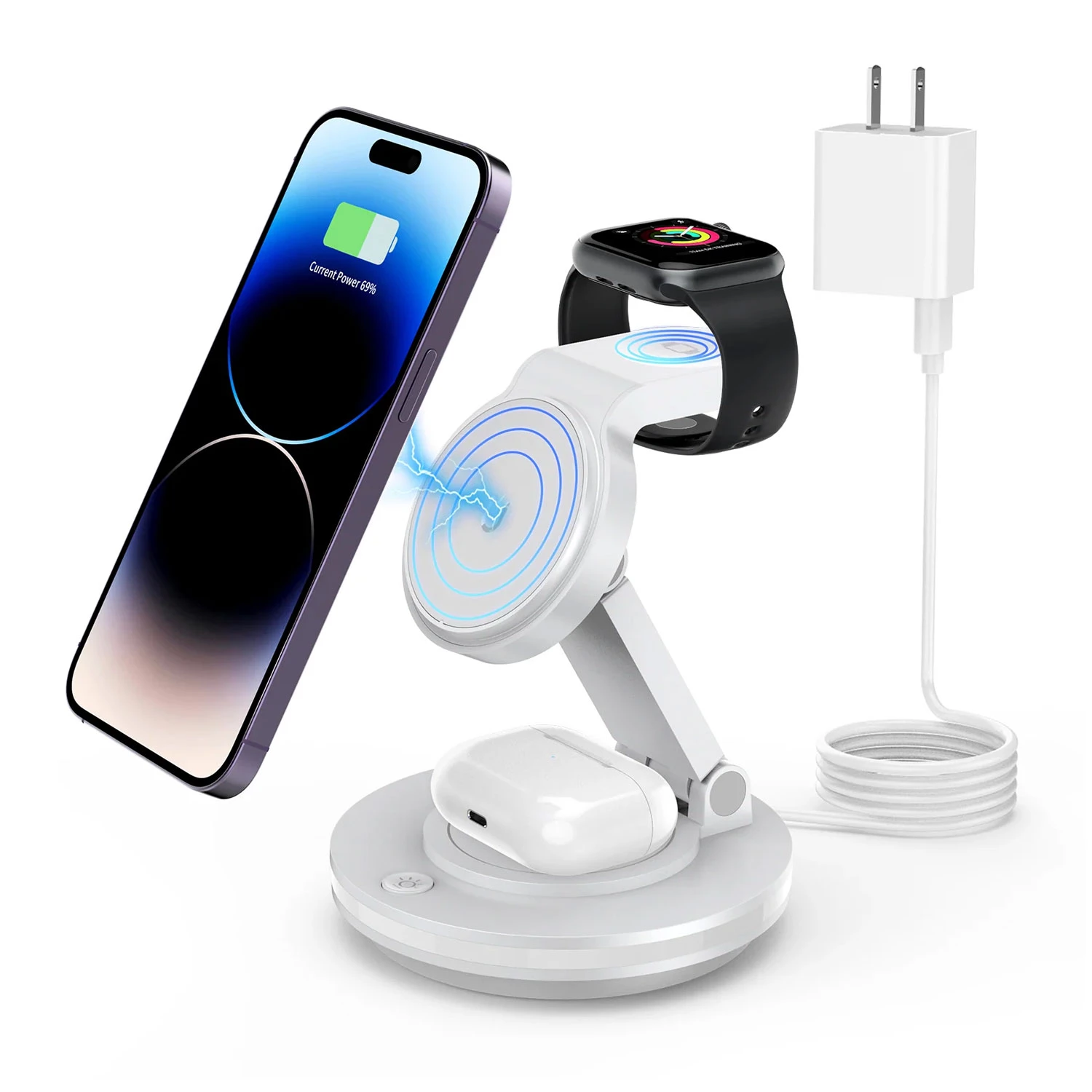 Foldable 4-in-1 Magnetic Wireless Charging Station with 7-Color Night Light for iPhone, Apple Watch 