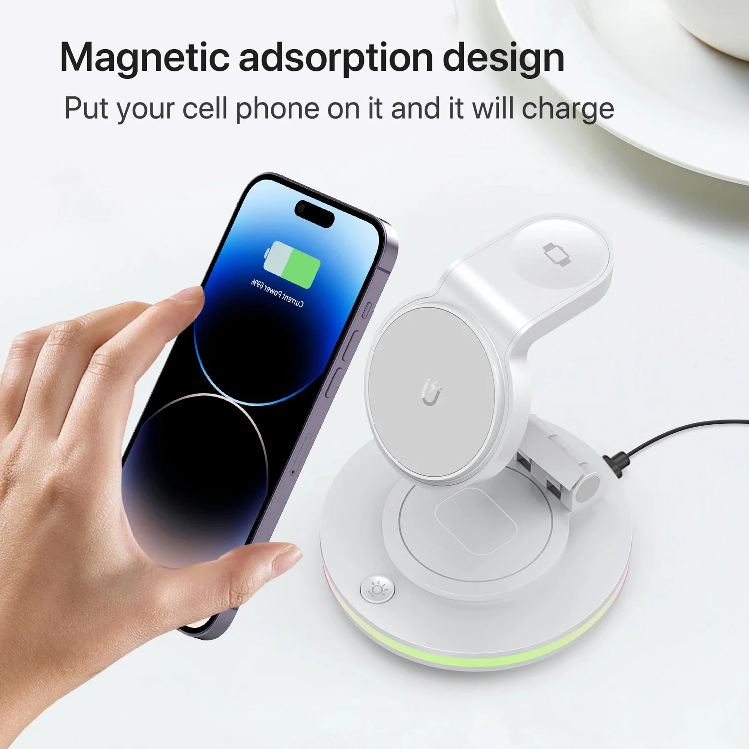 Foldable 4-in-1 Magnetic Wireless Charging Station with 7-Color Night Light for iPhone, Apple Watch 