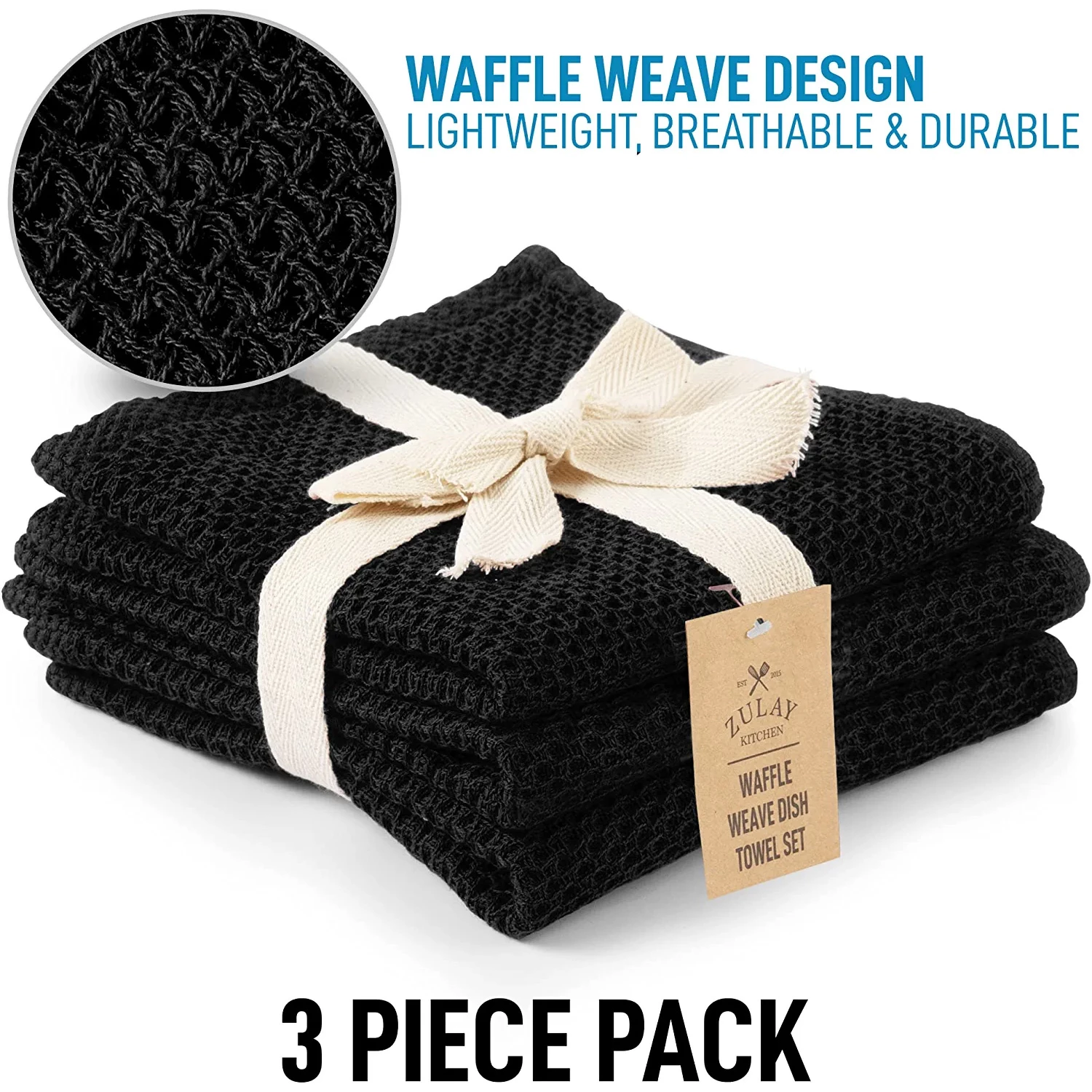 ZK Waffle Weave Dish Towel - 13x28 3 pack Black