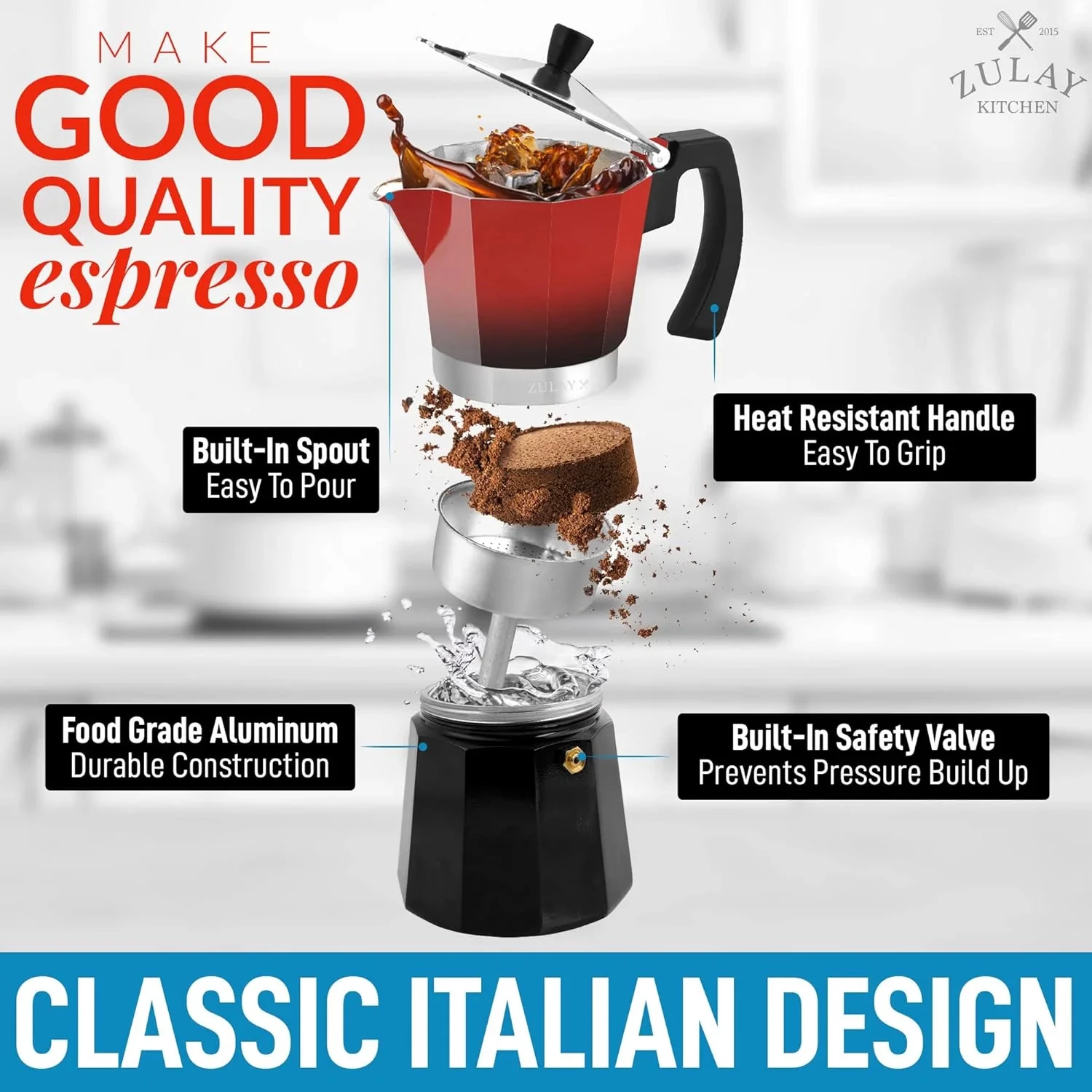 Zulay Classic Italian Style 5.5 Espresso Cup Moka Pot,Classic Stovetop Espresso Maker