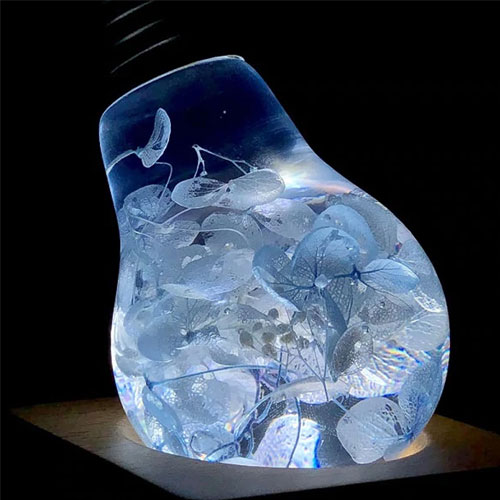 LED Table Lamp Blue Hydrangea Handcrafted Wood Lighting