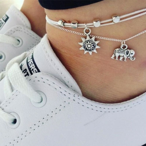 Silver Sun And Elephant Anklet