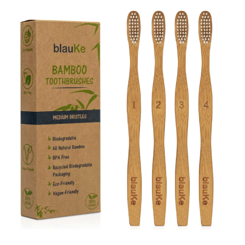Bamboo Toothbrush Set with Medium Bristles - 4-Pack Biodegradable Toothbrush Set