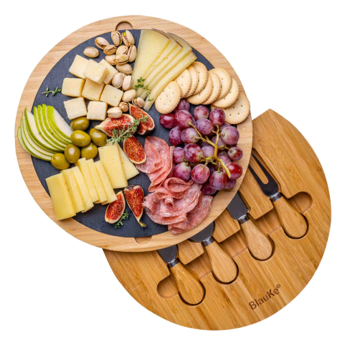 12" Round Bamboo Cheese Board with Knife Set and Removable Slate