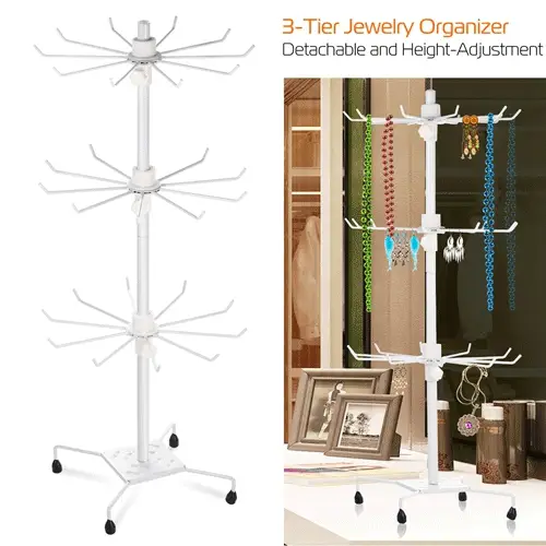 3-Tier Metal Jewelry Rack 30-Hook Necklaces Bracelets Display Stand Organizer Spinning Tower Holder