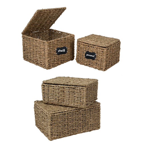 Square Nesting Wicker Storage Boxes with Lids and Metal Steel Frame Set Of 2