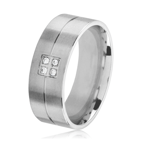 Men's Crystal Satin Stainless Steel Grooved Comfort Fit Ring 8mm