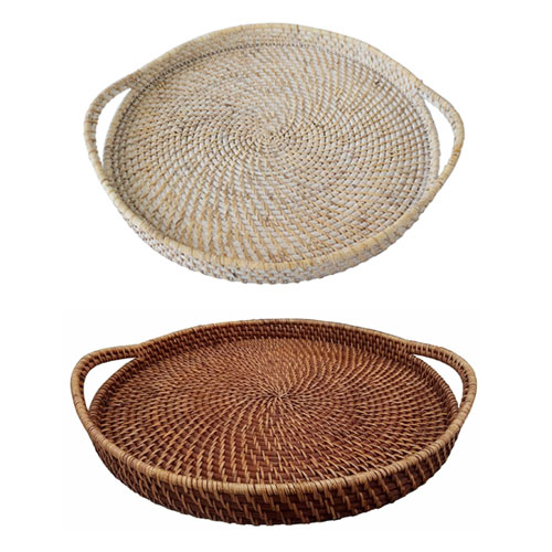 Round Brown Wicker Serving Trays with Handles (19-Inch)