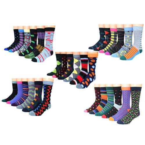 12 Pairs Men's Quality Cotton-Blend Colorful Patterned Dress Socks