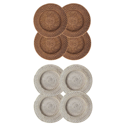 Round Brown And White Wicker Charger (Set 4)