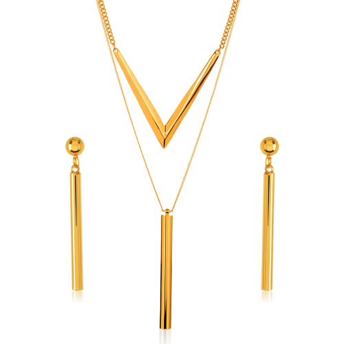 Cylinder Bar Charm Gold Tone Necklace and Earrings Set