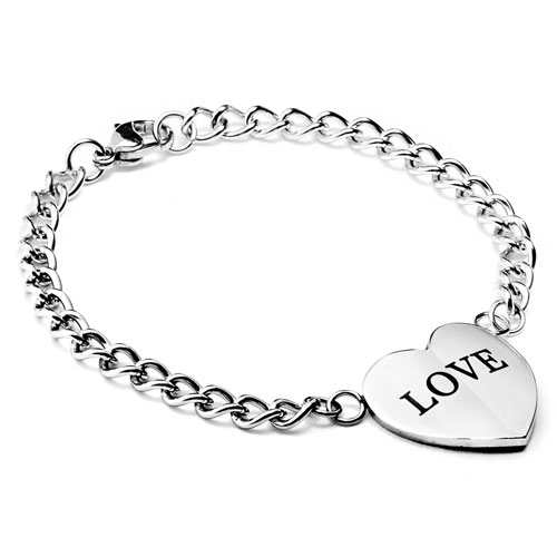 Polished Engraved "Love" Stainless Steel Heart Bracelet 7"