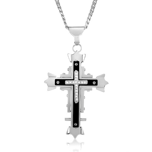 Men's Cubic Zirconia Black Plated Stainless Steel Layered Cross Necklace - 24"