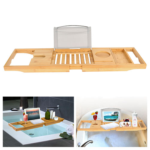 Bathtub Caddy Crafted Bamboo Bath Tray Table Extendable Reading Rack,  Phone & Wine Glass Holder