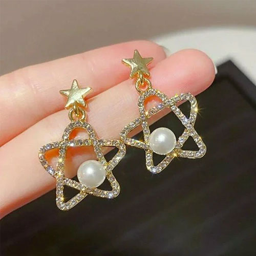 Star with Pearl 14k Gold Plated Earrings