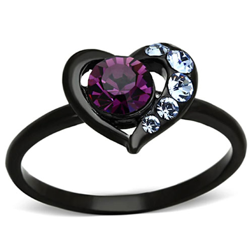 IP Black(Ion Plating) Stainless Steel Ring With Top Grade Crystal  In Amethyst