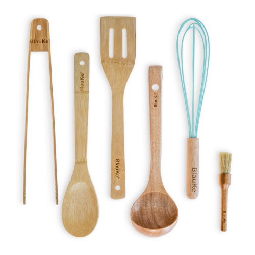 Wooden Cooking Utensils Set of 6 - Bamboo Kitchen Utensils for Non Stick Cookware