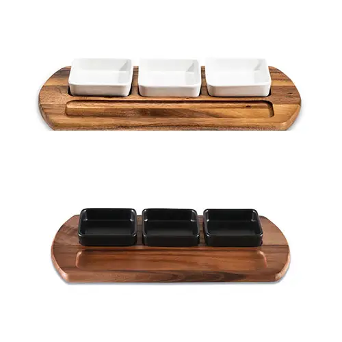 Charcuterie 3 Square Ceramic Bowls With Serving Tray