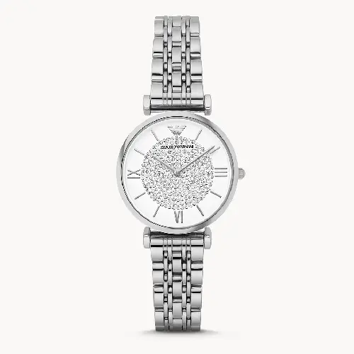 Armani White Crystal Pave Dial Stainless Steel Ladies Watch