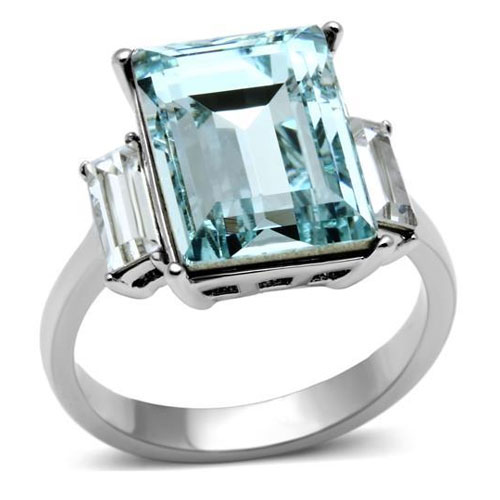 High Polished (No Plating) Stainless Steel Ring With Top Grade Crystal In Sea Blue-Tk1862