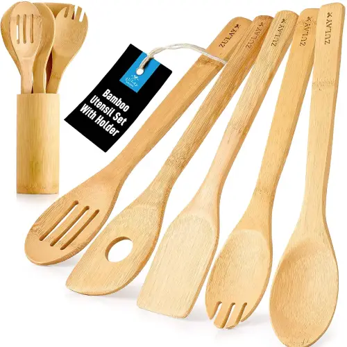 Bamboo Cooking Utensils With Holder (6 Piece)