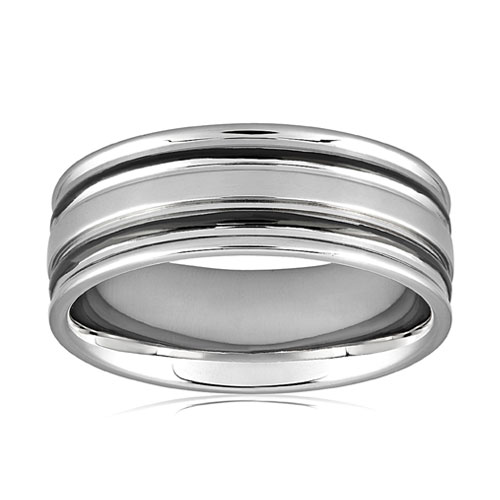 Men's Stainless Steel Polished Dual Grooved Ring 8MM