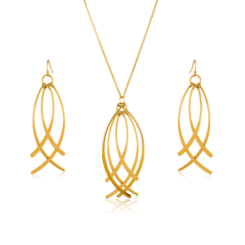 Curved Wire Dangle Gold Tone Necklace and Earrings Set