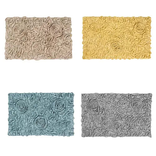 Bell Flower Collection Beige Cotton Floral Pattern Tufted Bath Rug