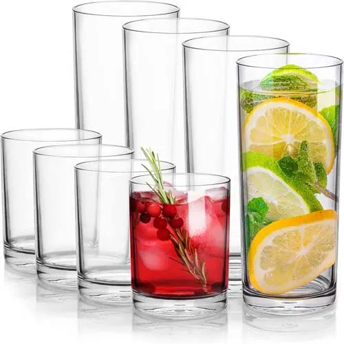 Zulay Plastic Tumblers Drinking Glasses Set of 8 Clear - 4 Each: 12oz and 16oz Acrylic Cups For Kitc