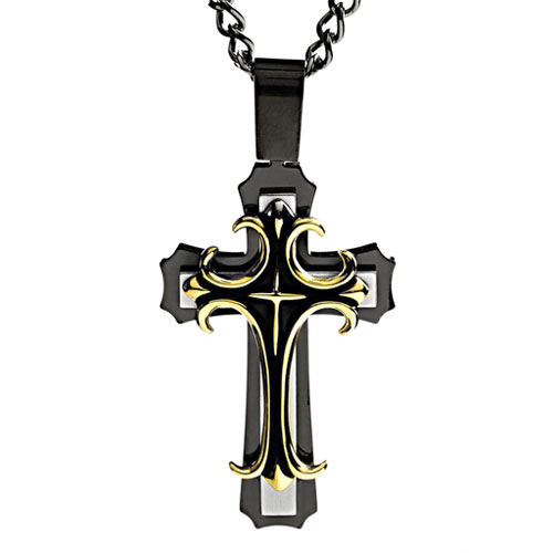 Men's Multi-Layered Black Plated Stainless Steel Cross Necklace - 24"