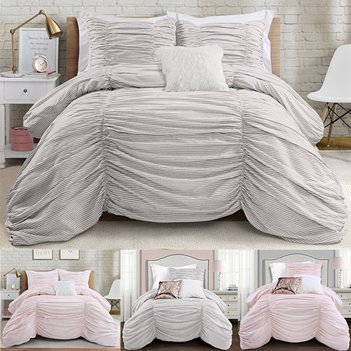 Comforter 3 Piece Set - Ruching Ticking Stripe Lush Decor