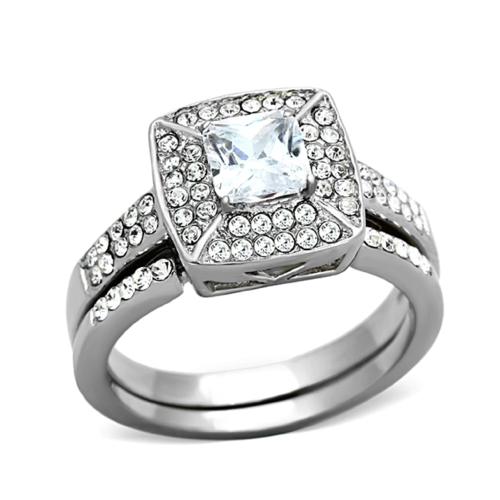 TK1088 - High polished (No Plating) Stainless Steel Ring with AAA Grade CZ  In Clear