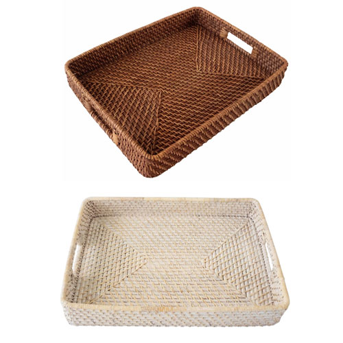 Large Rectangular Rattan Serving Trays with Handles