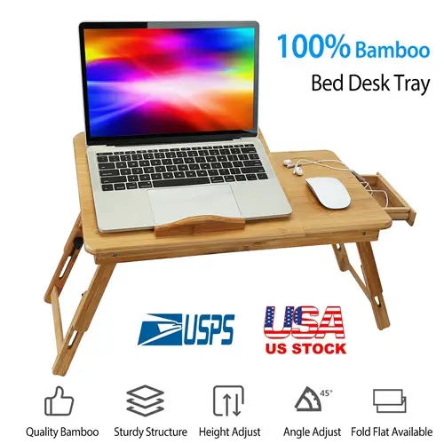 Bamboo Laptop Desk Breakfast Serving Bed Tray Foldable Leg Multi-position With Side Storage Drawer